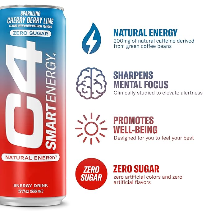 Cellucor C4 Smart Energy Drink – Boost Focus and Energy with Zero Sugar, Natural Energy, and Nootropics - 200mg Caffeine - Cherry Berry Lime (12oz Pack of 12)