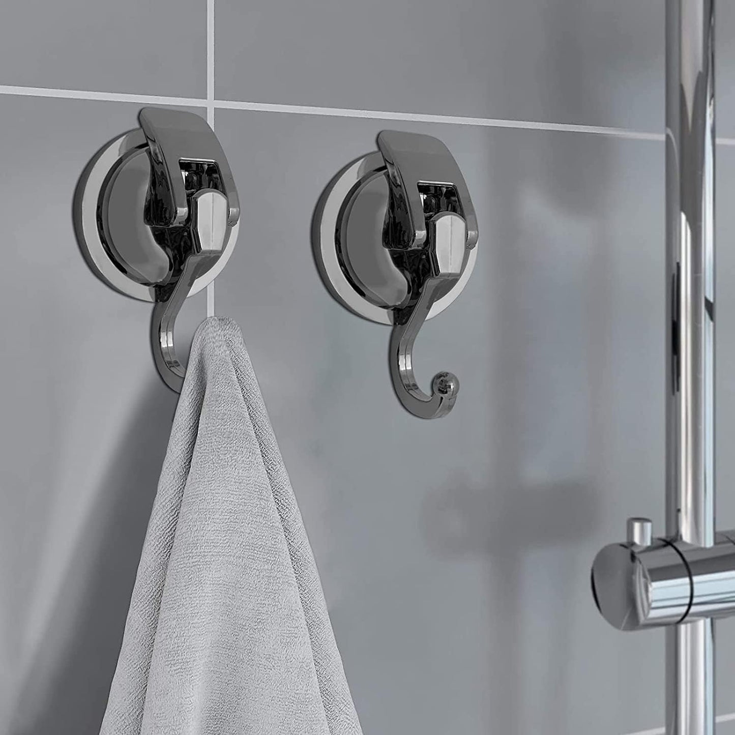Heavy Duty Suction Cup Hooks for Shower, Bathroom Robe - Reusable, No Hole Punched, for Garland Decoration (Silver Grey, 2 Pack), XPG-TSX1