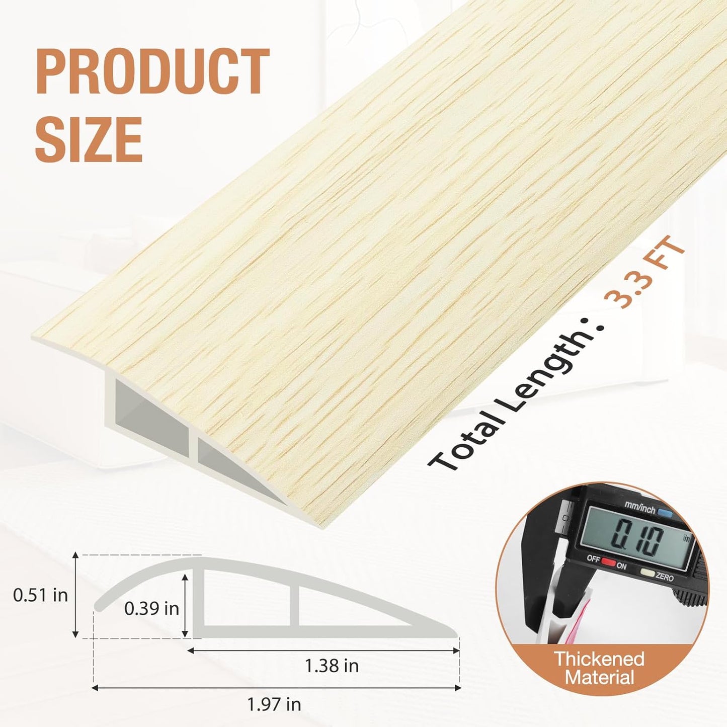 Floor Transition Strip Self Adhesive Vinyl Door Threshold for Doorways Carpet Edging Trim Overlap Edge Reducer for Laminate Floor, Carpet, Tile (Beige Wood Grain, 1/5" to 2/5", 3.3Ft)