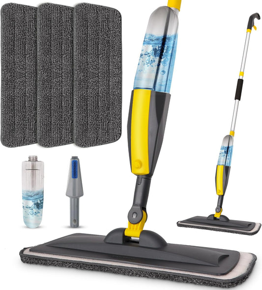 Mops for Floor Cleaning, Spray Mop with 400ml Refillable Bottle and 2 Replacement Pads Dry Wet Floor Household or Commercial Hardwood Laminate Tile Ceramic (Yellow)