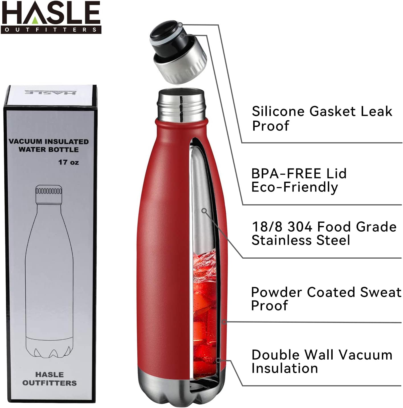 HASLE OUTFITTERS 17oz Stainless Steel Water Bottles, Vacuum Insulated Water Bottles Double Walled Powder Coated Reusable Metal Sports Water Bottles Keep Drinks Hot and Cold, Red, 1Pack