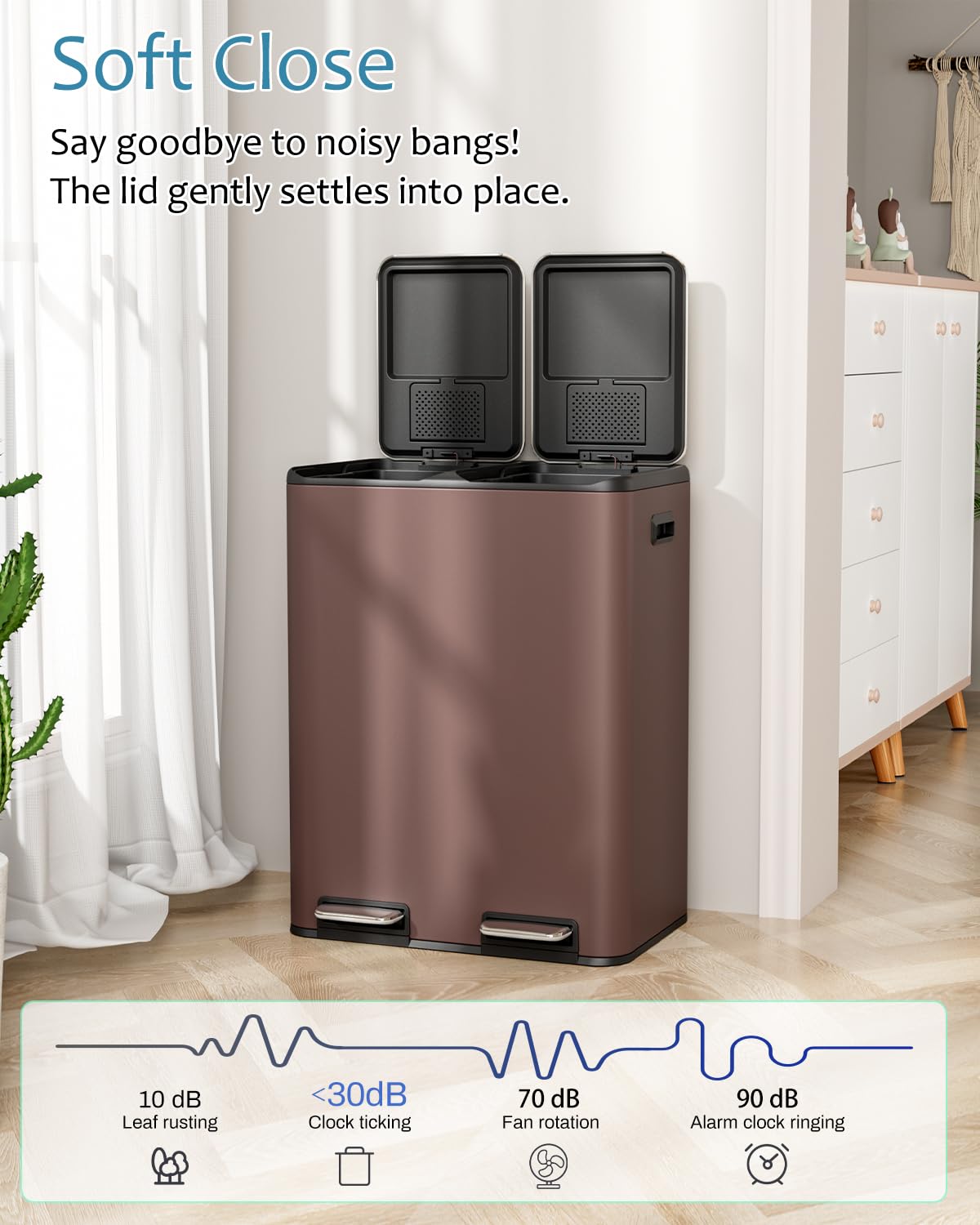 16 Gal (2 x 30 L) Dual Trash Can, Stainless Steel Kitchen Garbage Bin, Recycle Dustbin with Odor Control Box, Soft-Close Lid, Inner Buckets, Side Handle, Step Pedal, for Home Office