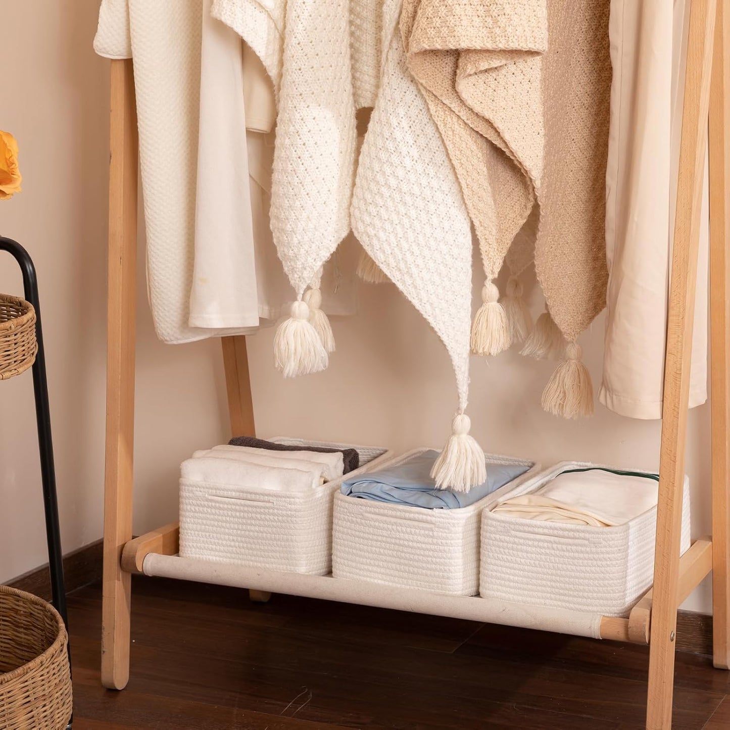 3 Pack Small Storage Baskets for Organizing, Cute Woven Decorative Gift Baskets for Shelves, Mini Closet Organizer Bins with Handles-13''Lx8.66''Wx5.11''H-White