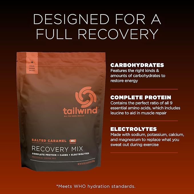 Tailwind Nutrition Recovery Mix, 20 Grams Complete Protein, Carbohydrates, and Electrolytes Powder Drink Mix for Post-Workout, Free of Gluten, Soy, and Dairy, Vegan, 20 Servings, Salted Caramel