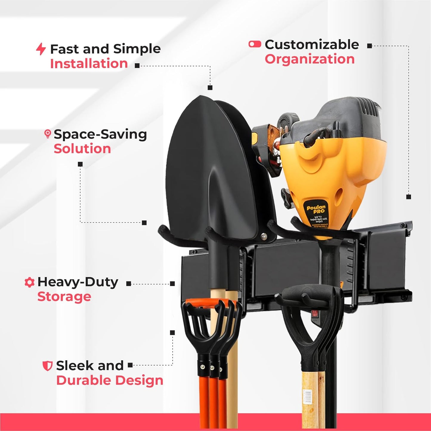 Heavy-Duty Garage Wall Storage System | Wall Mounted Tool Organizer Rack with Shelving | 12-Piece Mounting Kit | 6x10” Double-Layered Hooks & 2x24” Floating Utility Shelves