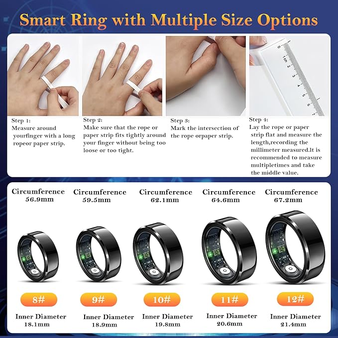 Smart Ring for Women Men-Wearable Fitness Tracker with Sleep Tracking Heart Rate Blood Oxygen Healthy Monitor Ring Activity Monitoring Steps Calories Black