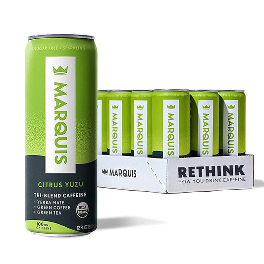 Marquis - Natural Energy Drink - Citrus Yuzu - Sugar Free - 0 Calories - 100mg of Organic Plant Based Caffeine - Yerba Mate - Green Tea - Vitamin C & B Vitamins - Vegan - 12 oz Cans - 12 Pack
