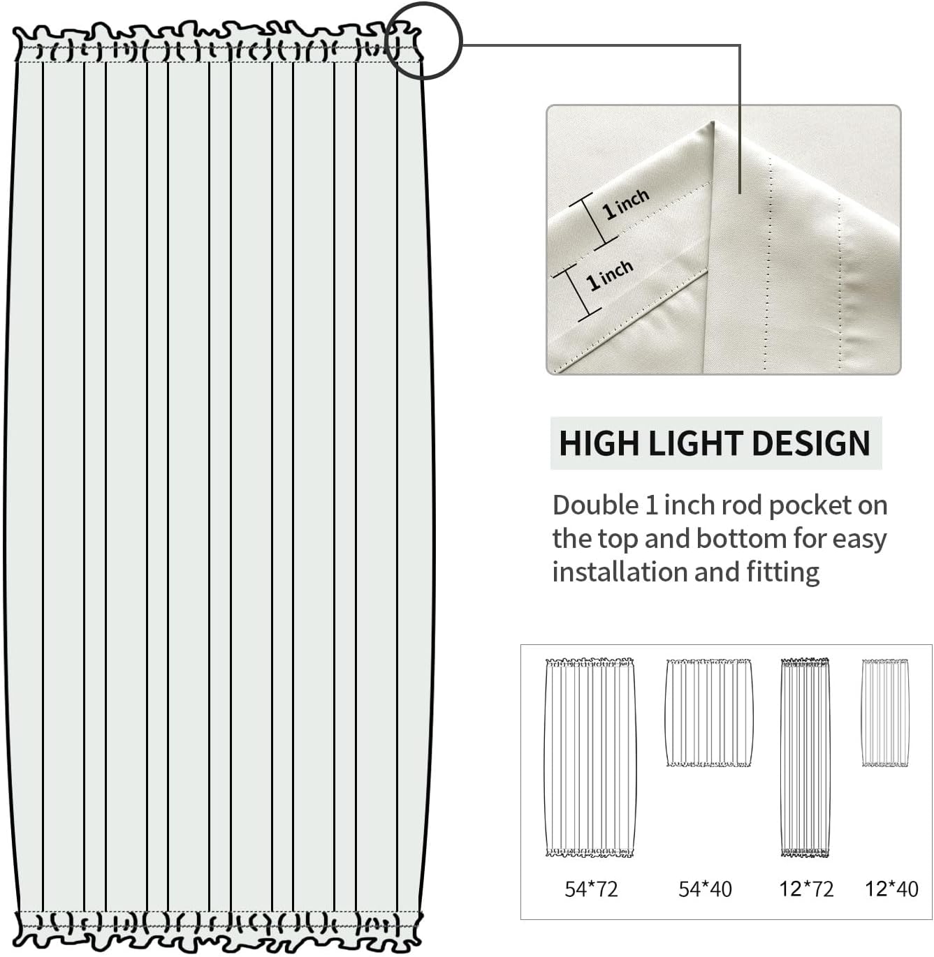 DWCN French Door Curtains – Rod Pocket Thermal Blackout Curtain for Doors with Glass Window, Kitchen and Patio Doors for Privacy, 12 X 72 Inches Long, 1 Curtain Panel with Tieback, Ivory