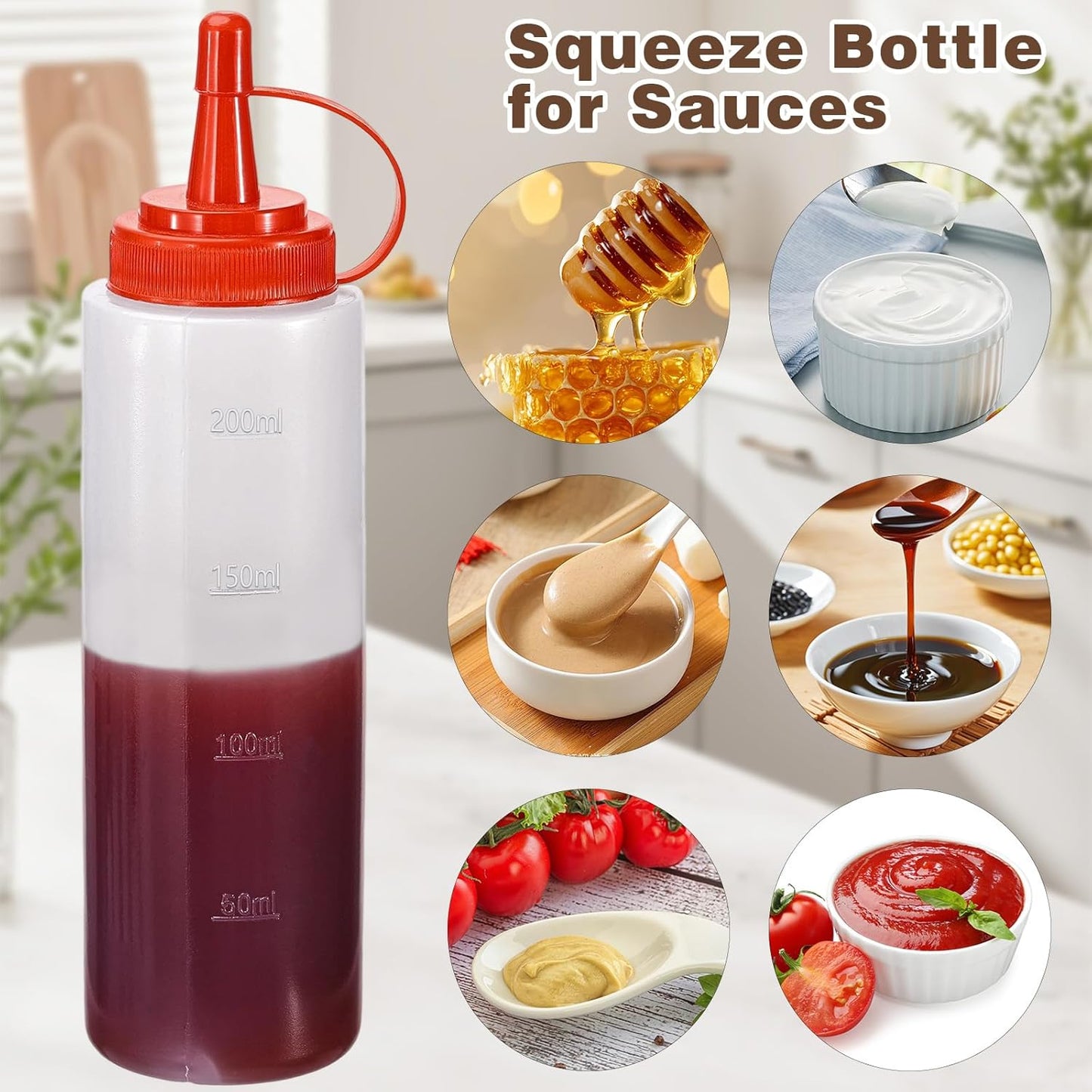 Condiment Squeeze Bottles Ketchup Dispenser, 6 Pack 8oz Squeeze Bottles for Liquids, Plastic Sauce Bottle with Cap Lid, Squirt Bottles for Sauces Liquids BBQ Dressing Pancake Art