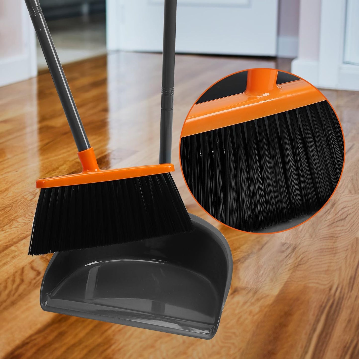 Long Handle Broom with Upright Standing Dustpan Combo for Office Home Kitchen Lobby Floor Cleaning