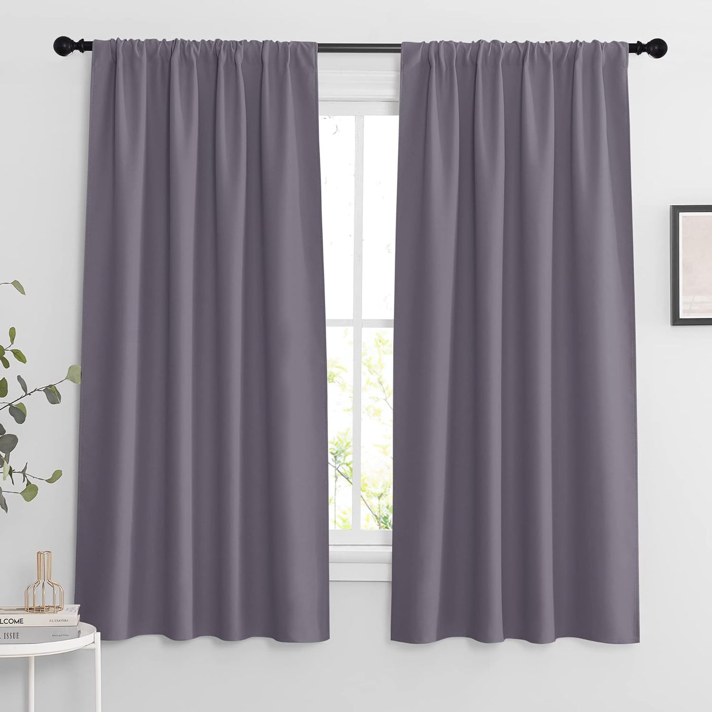 RYB HOME Bedroom Curtains Blackout - Light Block Energy Efficiency Small Window Treatment Drapes for Kitchen Dining Baby Nursery Morden Decor, W 42 x L 63 inch, Greyish Purple, 2 Panels