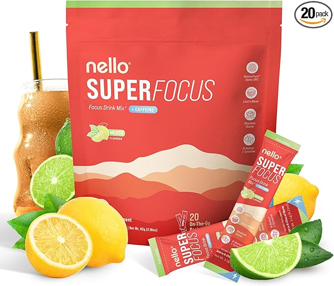 SuperFocus Mojito with Caffeine– Nootropic Focus Drink Mix, 20 On-The-Go Packets, Alpha GPC, Lion’s Mane, Rhodiola, Sugar-Free