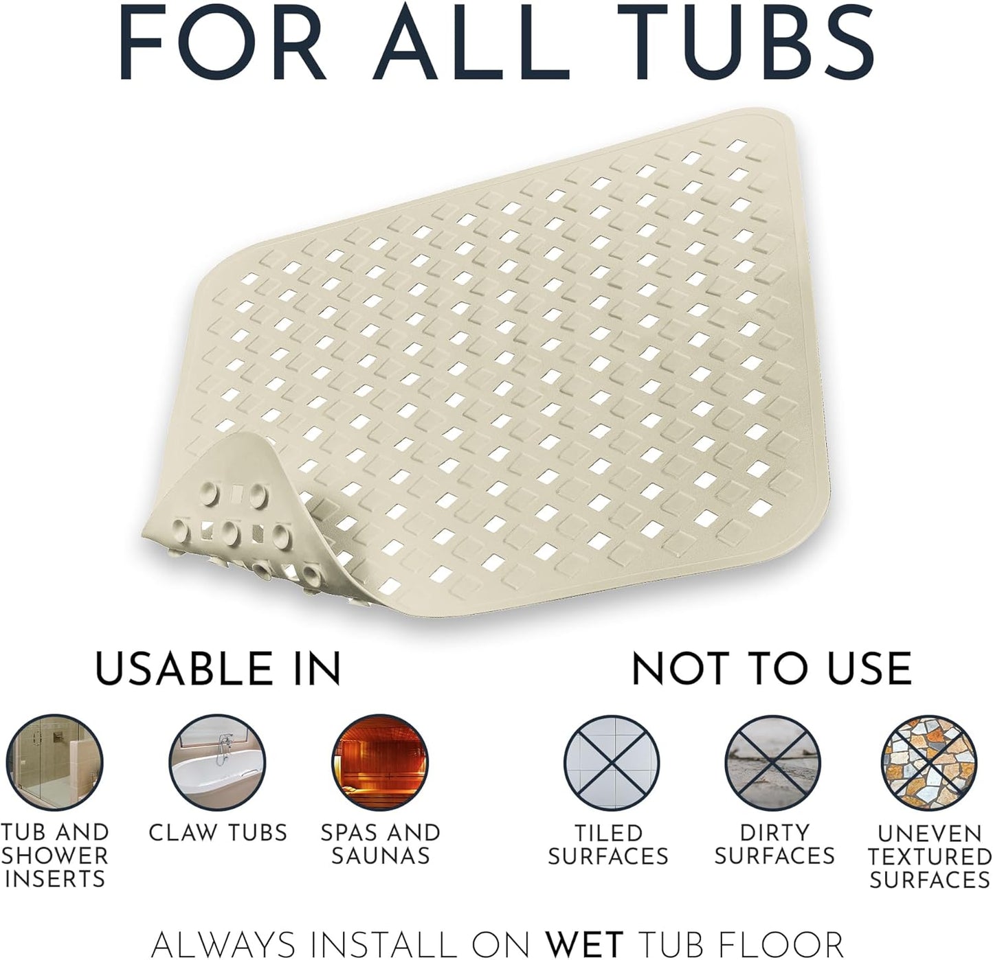 Homerella Anti Slip Shower Mat | Anti Mold Non Slip Bathtub Mat for Inside Shower | Square Floor Shower Mat 21 x 21 inch with Suction Cups for Grip & Hooks Hanging and Quick Drying | Machine Washable