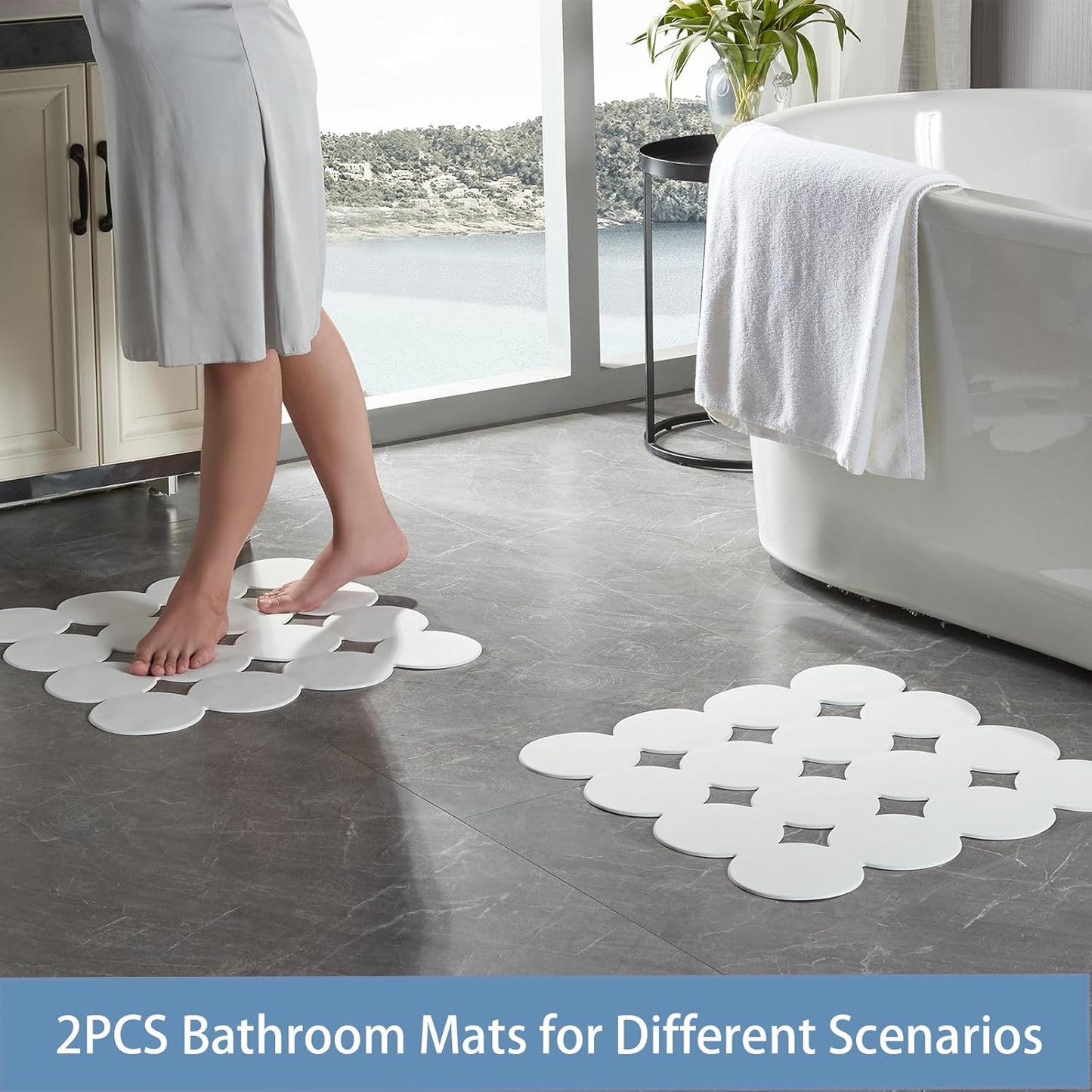 Square Shower Mat Nonslip - 2PCS Rubber Bathtub Mat with Suction Cups for Inside Shower Bathroom Floor (White, 21X21)
