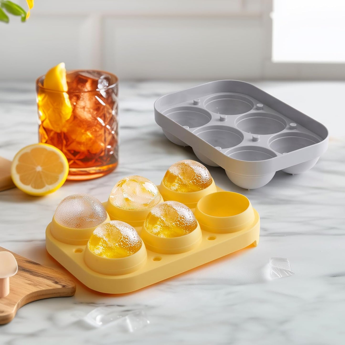 2.5inch Spherical Ice Ball Tray For Whiskey, Big Ice Freezer Mold for Cocktails，Easy Fill In & Release Ice Cube Mold, Durable &Reusable Spherical Ice Maker (Sunshine)