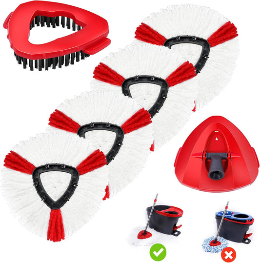 4 Pack Spin Mop Replacements Head Compatible for EasyWring 1-Tank System,Microfiber Spin Mop Refills Head,1 Mop Scrub Brush + 1 Mop Base + 4 Pack Cleaning Floor Mop Head（Red)