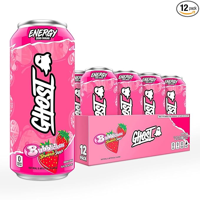GHOST Energy Drink - 12-Pack, Bubblicious Strawberry Splash, 16oz Cans - Energy & Focus, No Artificial Colors - 200mg of Natural Caffeine, L-Carnitine & Taurine - Gluten-Free & Vegan