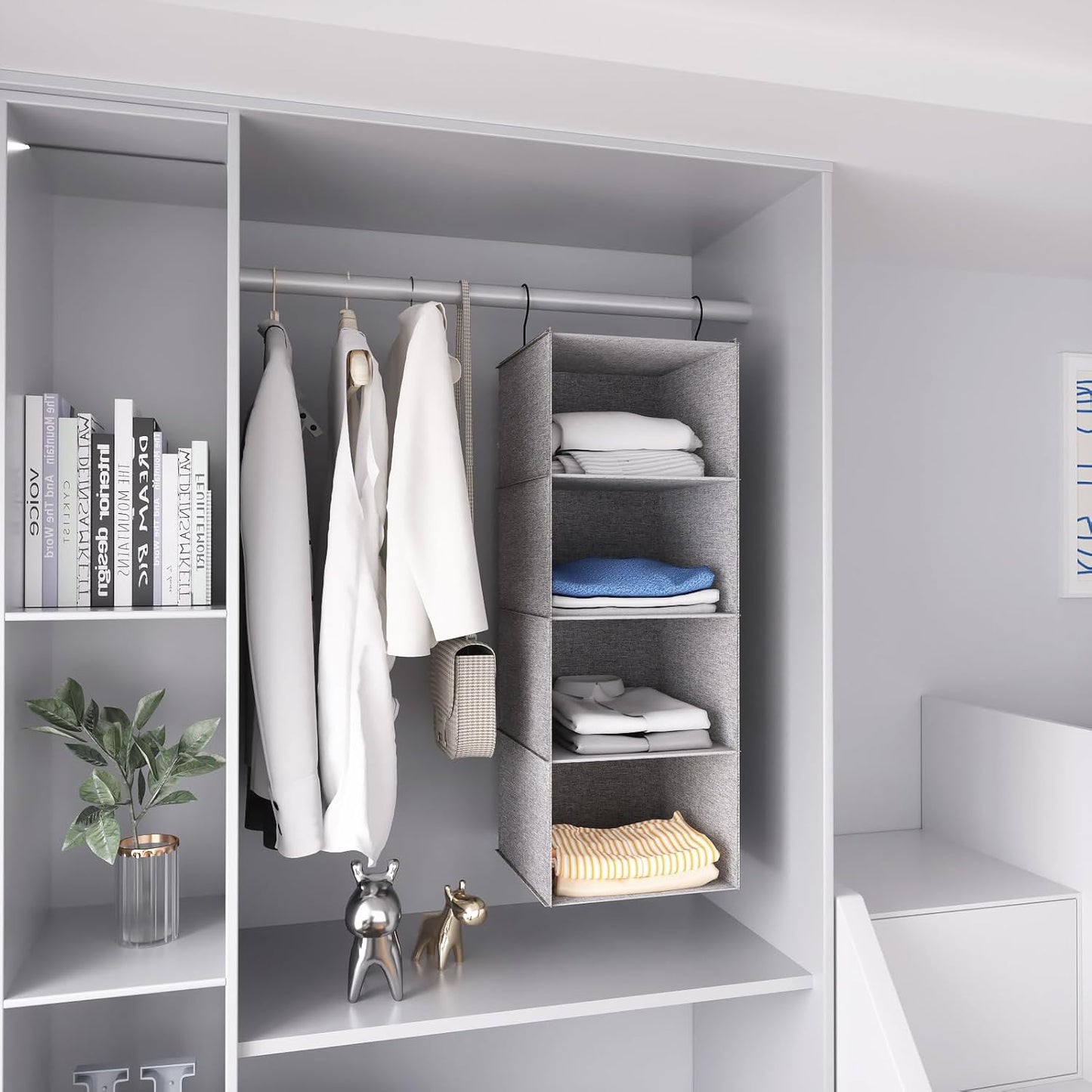 Hanging Closet Organizer, Easy Mount Collapsible 4-Shelf Camper Closet Wardrobe Hanging Storage Shelves, Folded Clothes Towels Handbag Shoes Accessories Storage, Linen Cloth, Gray