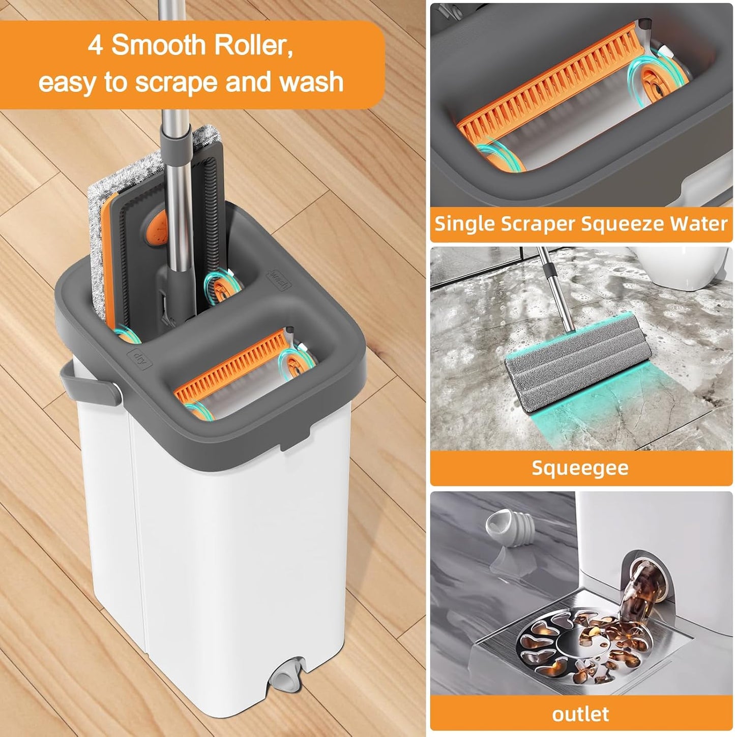 MOPALL Mop and Bucket with Wringer Set for Home, Hands-Free Flat Mop and Bucket Set for Floor Cleaning and Window Wall Cleaner, Wet and Dry Mop with 61" Long Handle and 3 Microfiber Pads