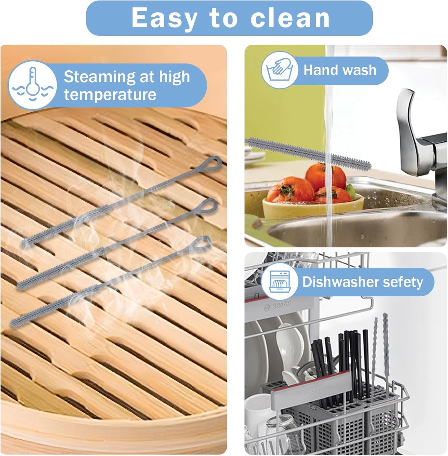 2Pcs Silicone Straw Cleaner Brush, 9.84in Reusable Straw Cleaner with Bendable Steel Core, Extra Long Soft Bottle Brush for Clearing Glass Straws, Smoothie Straws, 9mm&6mm (Gray)