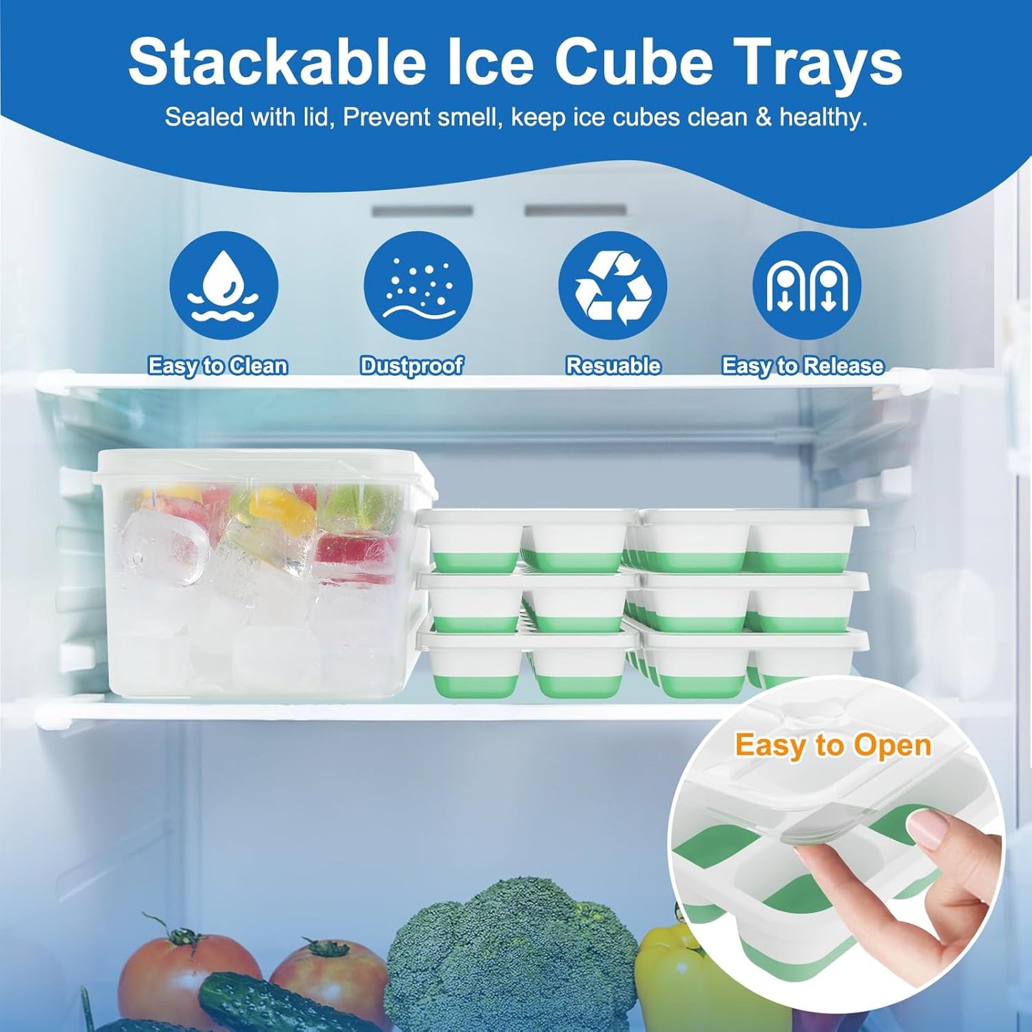 Ice Cube Tray, Ice Cube Trays for Freezer 6 Pack with Lid and Bin, Ice Tray Easy-Release, Ice Trays for Freezer Stackable, Silicone Ice Cube Tray for Drinks, Coffee - BPA-Free and Odor-Free