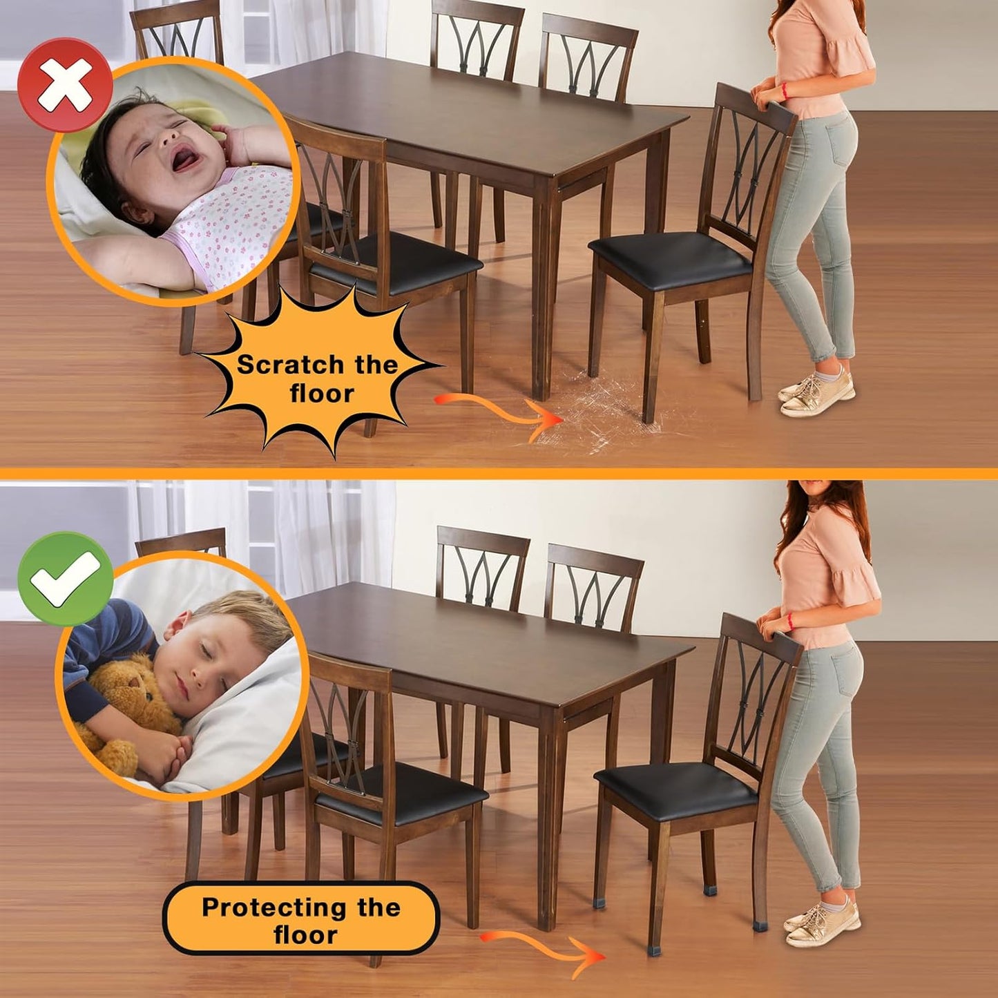 16 Pcs Chair Leg Floor Protectors Square, Silicone Chair Leg Protectors for Hardwood Floors, Chair Leg Caps Covers Protect Wooden Floors from Scratching, Thick, Won't Tear (Fit: 3/5" - 7/10”)