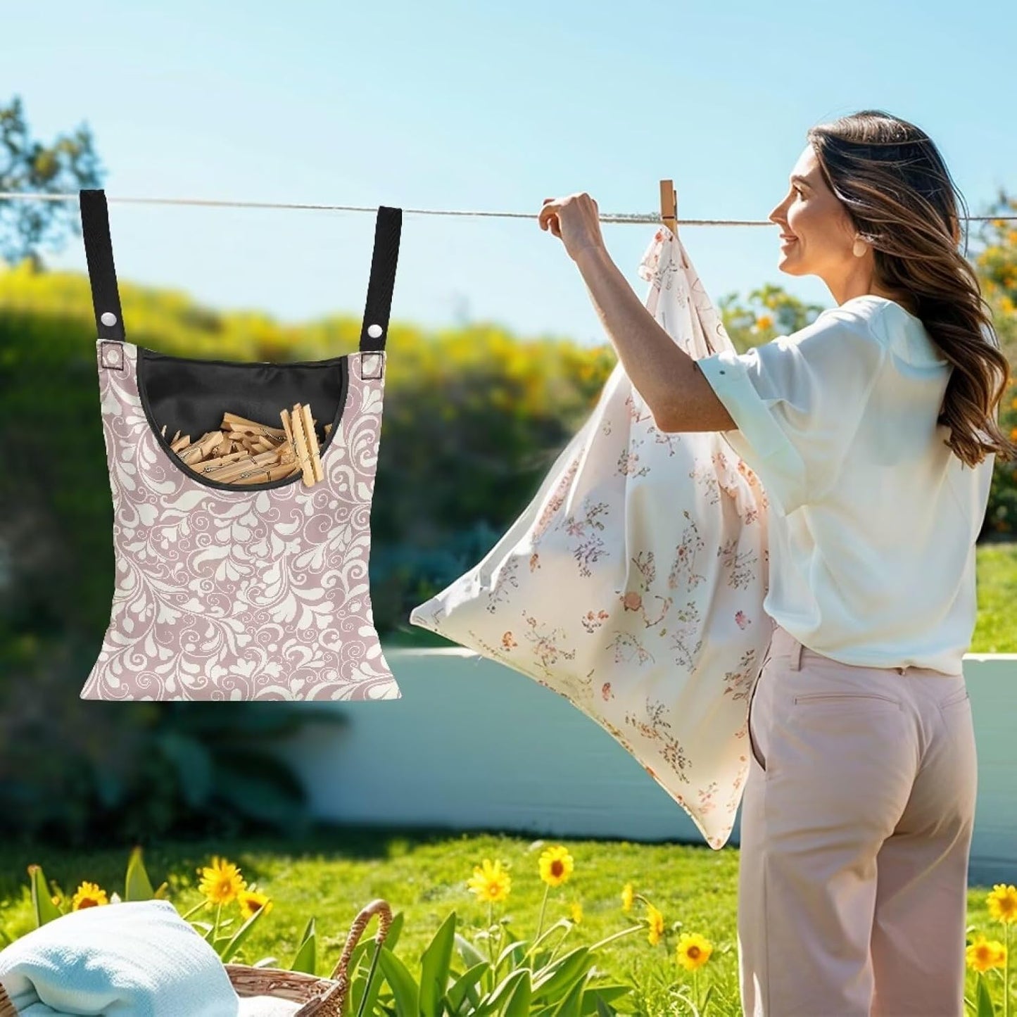 High Capacity Clothespin Holder Bag 14.5x12 Inches - Durable Outdoor Storage with Wide Opening for Clothesline Organization Hanging Loop & Button Closure Heart Shape Floral Print Pink