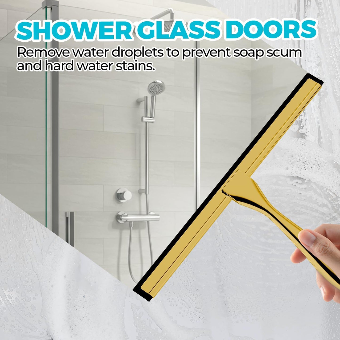 2PACK 12-Inch Golden All-Purpose Shower Squeegee for Shower Doors, Bath Linen Sets, Tile Shower Walls, Bathroom, Window, Glass and Car Windshield, Mirrors and Kitchen-Stainless Steel