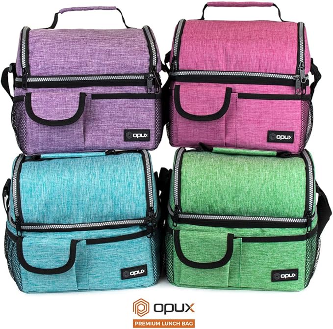 opux Lunch Bag Women Insulated, Adult Lunch Box Cooler, Lunch Box for Men, Dual Compartment Lunchbox for Work, Leakproof Double Decker Lunch Bag, Soft Lunch Pail Tote Girls Boys Kids School, Pink