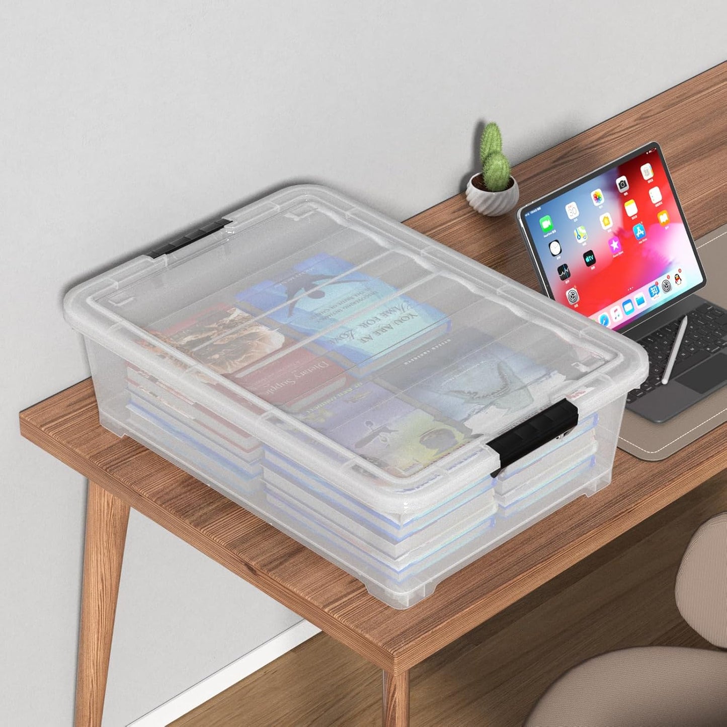 25 Quart Clear Under Bed Storage Container with Wheels, 4 Packs Stackable Plastic Underbed Bin with Lid