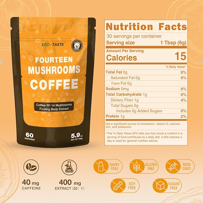 Mushrooms Coffee 14 in 1-60 Servings, Arabica Coffee with Lion's Mane, Reishi, Maitake, Turkey Tail, Chaga Fruiting Body Extract, 30% Beta-Glucan for Focus & Gut Health Support, 5.9oz