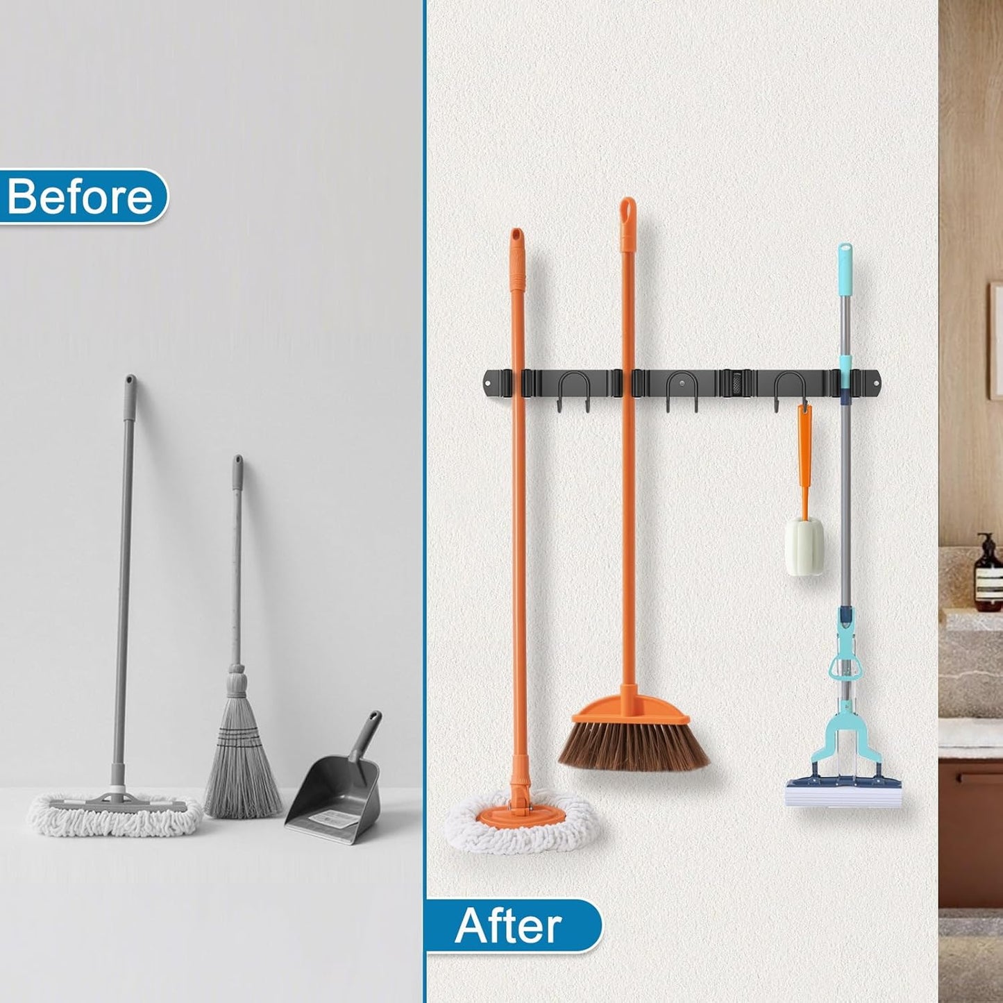 Broom Holder Wall Mount, 2 Packs Black Stainless Steel Tool Storage Organizer for Kitchen Garden Garage Laundry Room Bathroom and RV with 4 Slots 6 Hooks