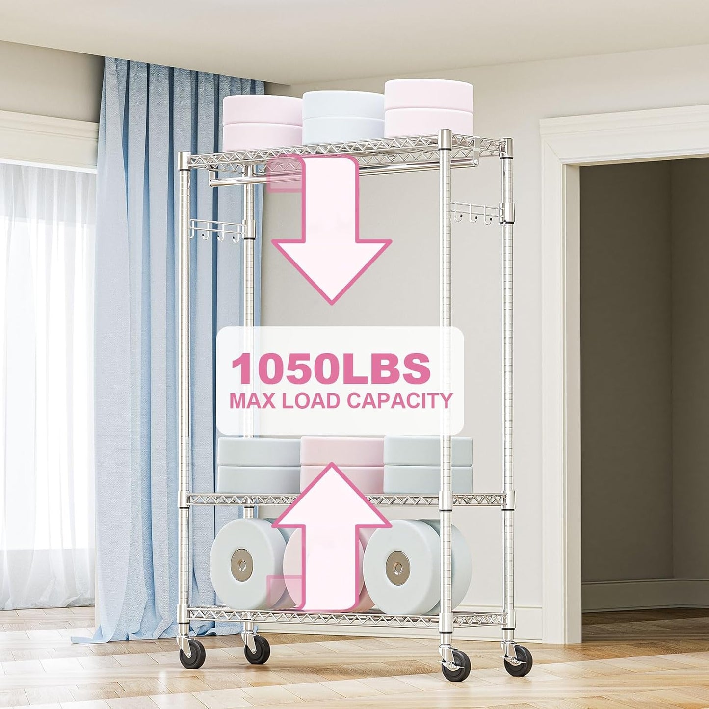 Heavy Duty Rolling Garment Rack 3 Tiers Adjustable Wire Shelving Clothes Rack with 1 Rods and Side Hooks,Storage Closet Clothing Rack with Wheels Chrome 15.7" D x 45.3" W x 75.6" H