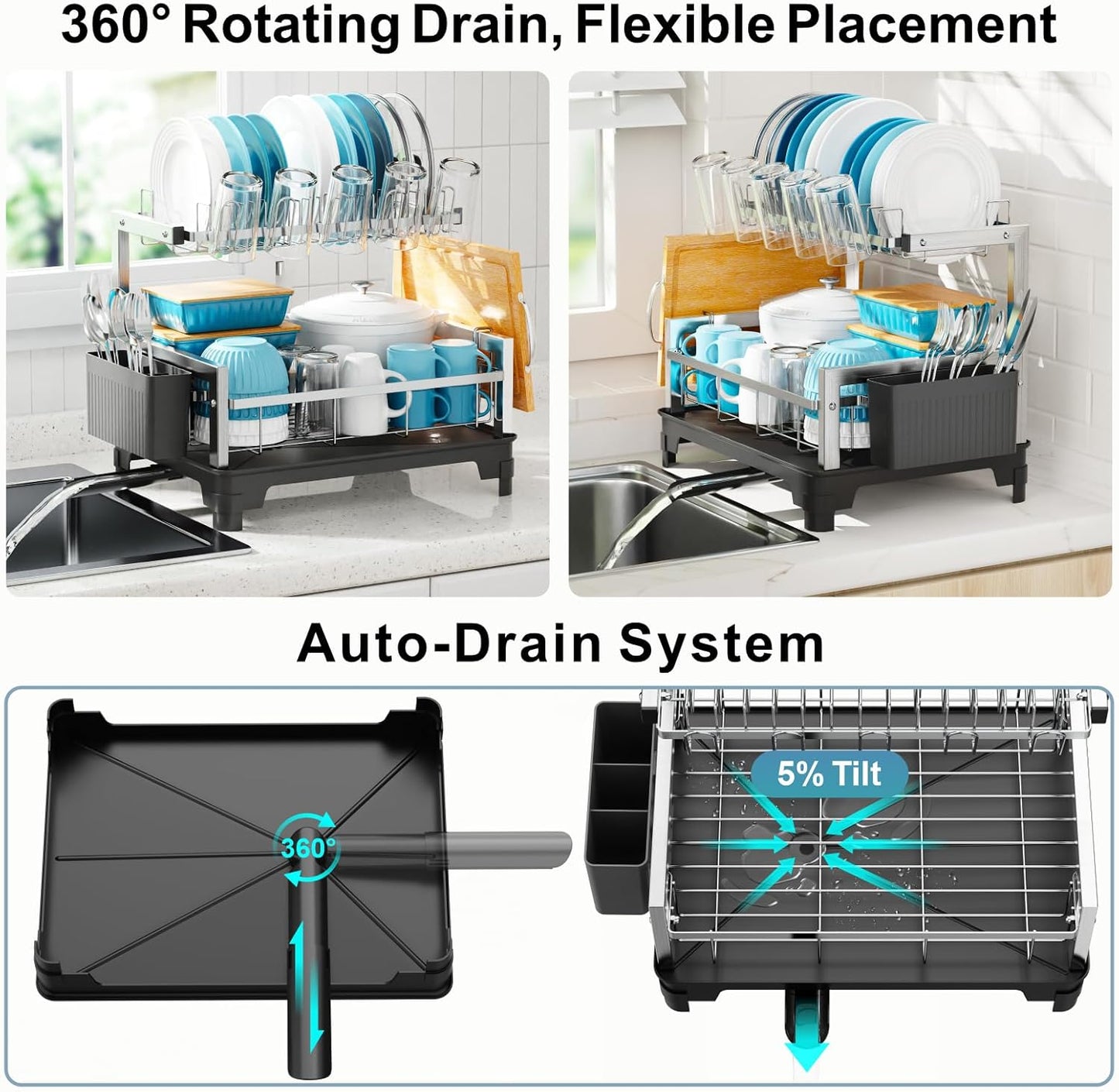 GSlife Dish Drying Rack for Kitchen Counter - Stainless Steel 2 Tier Dish Drainer with Cutting Board, Cup Holder and Utensil Holder, Auto Drain, 21" L x 12.6" W, Silver
