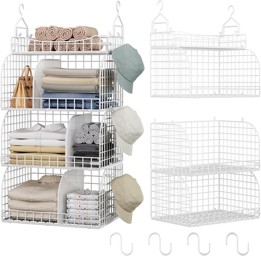 HapiRm Hanging Closet Organizer Storage - 3 Tier Metal Stackable Hanging Closet Shelves with Dividers and S Hooks, Foldable Clothes Shelves for Clothes, Pants, Shoes, Coat, Hats Clutches Accessories