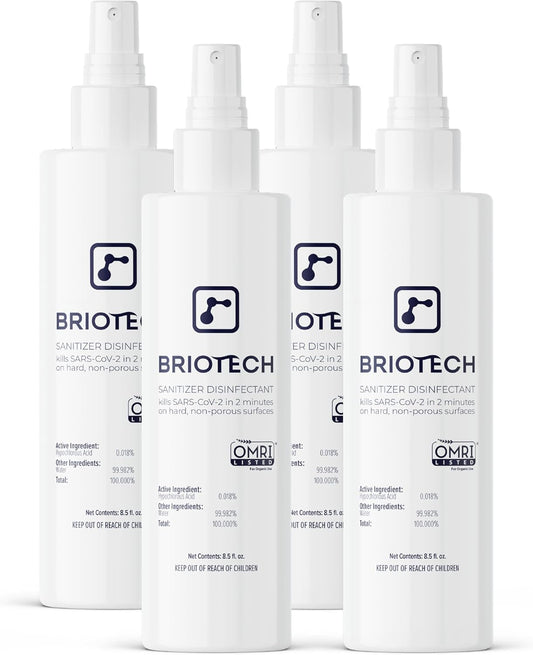 BRIOTECH Sanitizer Disinfectant Hypochlorous Spray, Kill 99.99% of Viruses & Bacteria, Control Mold, Eliminate Odor, Gentle for Nursery & Play Rooms, Food Contact Surface Sanitizer, 8 fl oz (4 Pack)