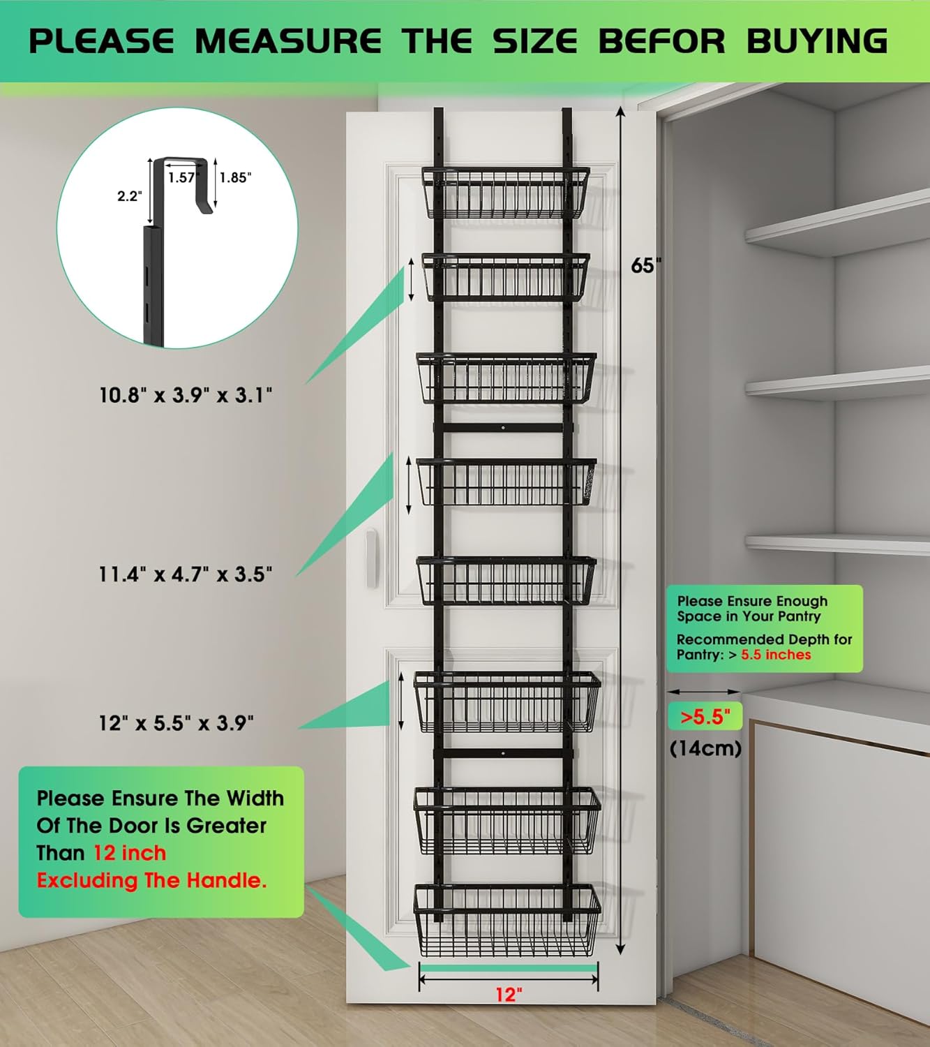 12 Inch Wide Narrow Over The Door Pantry Organizer, Pantry Organization and Storage, Black 8-Tier Metal Hanging Deep Basket Wall Spice Rack Seasoning Shelves, Home & Kitchen Essentials