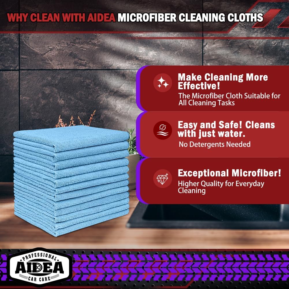 AIDEA Microfiber Cleaning Cloth, 50PK, Blue Shop Rags, Microfiber Towels for Cars, Dusting Cloth Lint Free Rags, Absorbent Towels for SUVs, House, Kitchen, Mechanic, Workshops, 12"×12"
