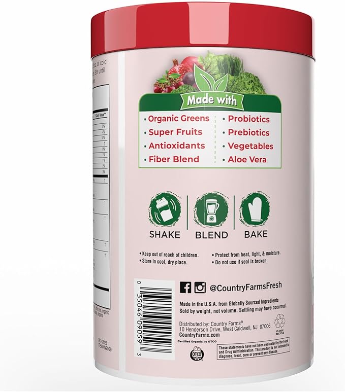 Country Farms Organic Super Greens Berry Flavor, 50 Organic Super Foods, Packed with Fiber, USDA Organic Drink Mix, Fruits, Vegetables, Mushrooms & Probiotics, Supports Energy, 5g Fiber