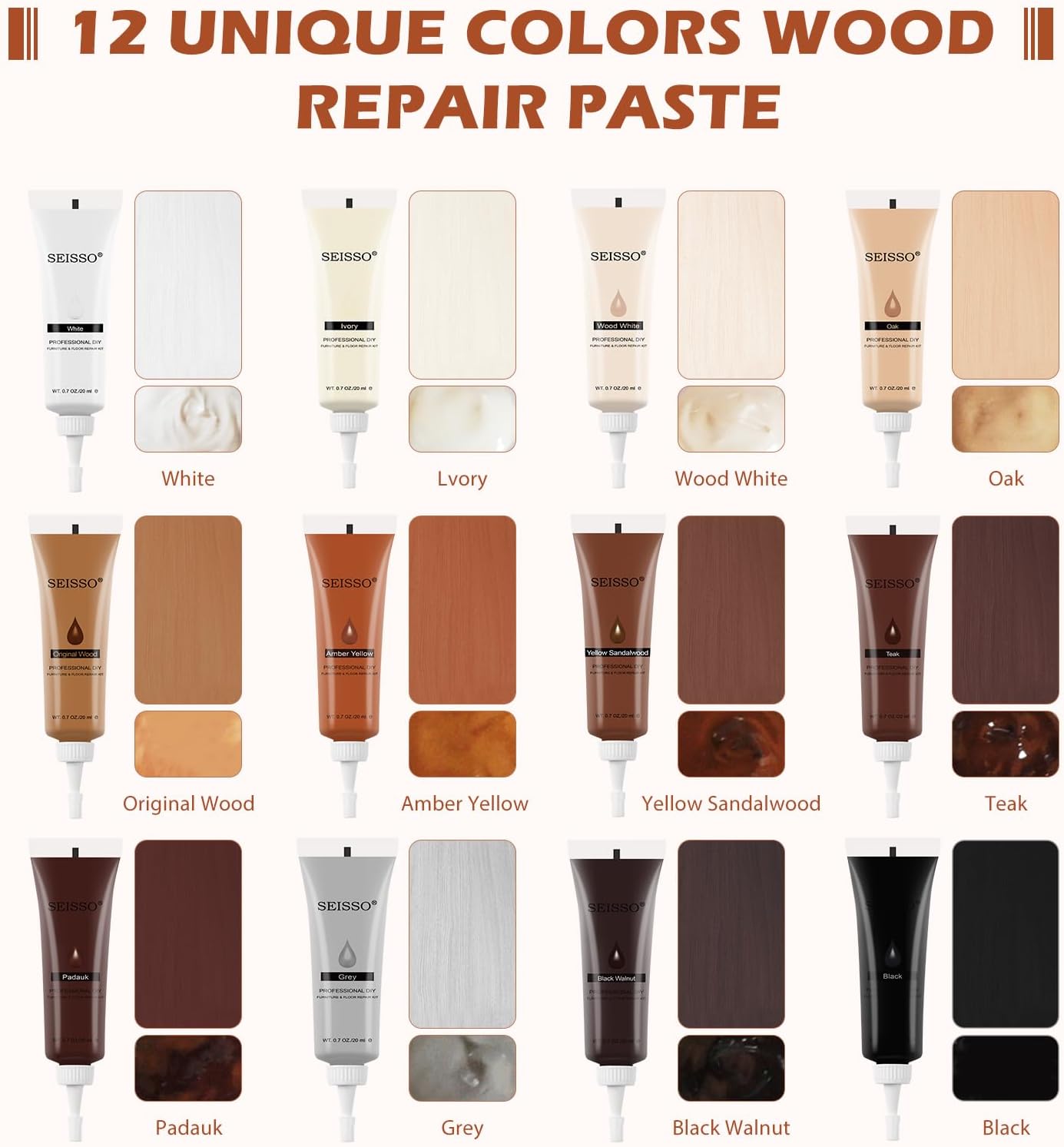 SEISSO Furniture Repair Kit, 12 Colors Wood Touch up Paint, Wood Stain, Wood Filles, Wood Paint Restore Any Wooden Floors, Cabinet, Tables, Carpenters, fix furniture Scratches, Cracks, Hole