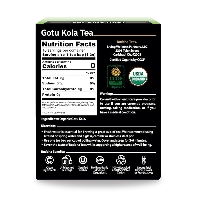 Buddha Teas - Organic Gotu Kola Tea - Herbal Tea - For Health & Wellbeing - With Antioxidants & Minerals - Clean Ingredients - Caffeine Free - OU Kosher & Non-GMO - 18 Tea Bags (Pack of 1)
