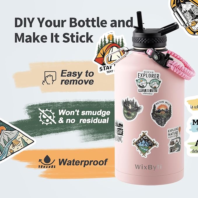 One Gallon Water Bottle Insulated, Triple Wall Vacuum Cold for 48 Hrs & Leak-proof & Non-BPA, 128oz Large Sports Stainless Steel Water Jug with Paracord Handle Straw Spout Lids & DIY Stickers