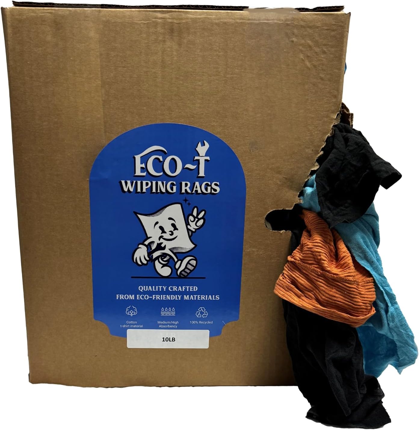 10 Lb Box Eco-T Mechanic Shop Rags - Colored T-Shirt Material, 100% Recycled, Eco-Friendly, High Absorbency, Low Lint, Low-Cost, Industrial Use Wiping Cloth