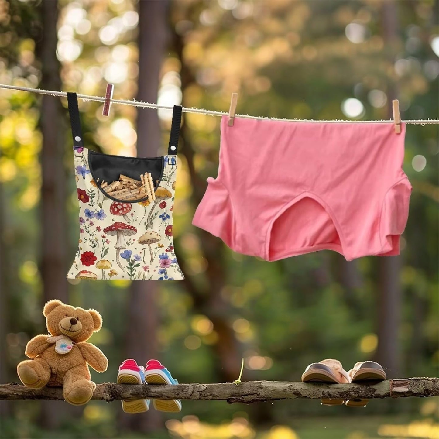 Mushroom Clothespin Bag with Hanging Hook - 12 x 14.6 Inch Waterproof Laundry Clothespin Holder