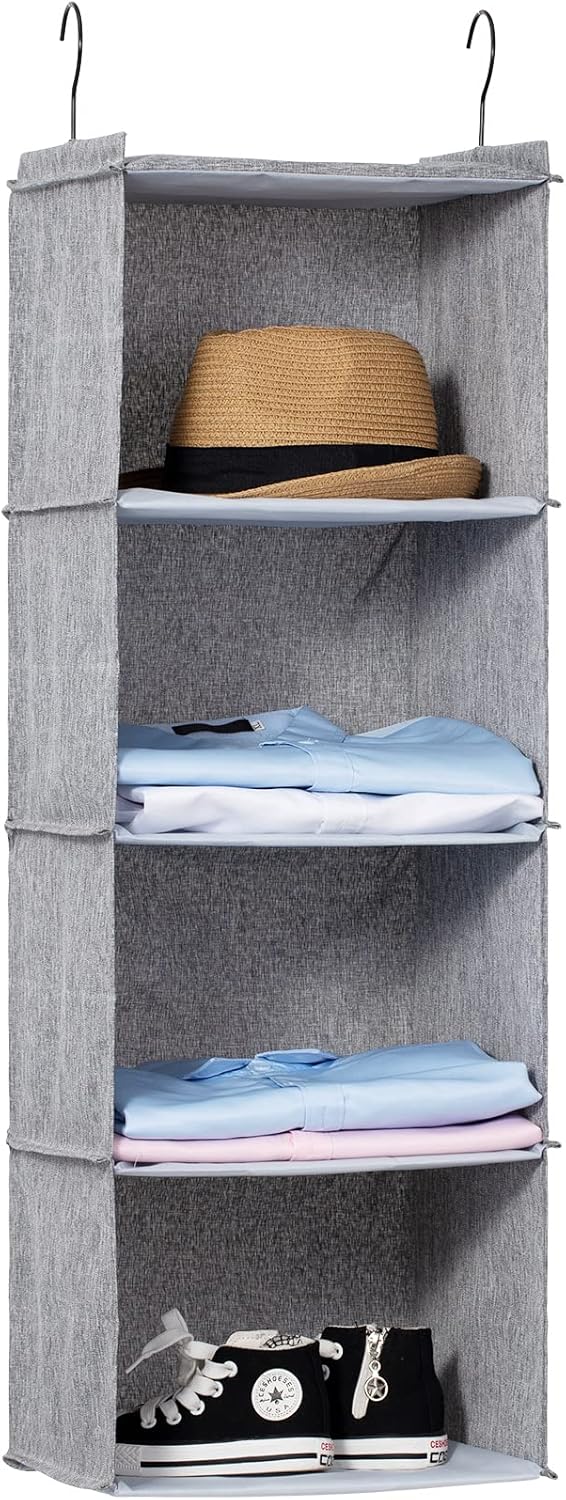 Hanging Closet Organizer, Easy Mount Collapsible 4-Shelf Camper Closet Wardrobe Hanging Storage Shelves, Folded Clothes Towels Handbag Shoes Accessories Storage, Linen Cloth, Gray