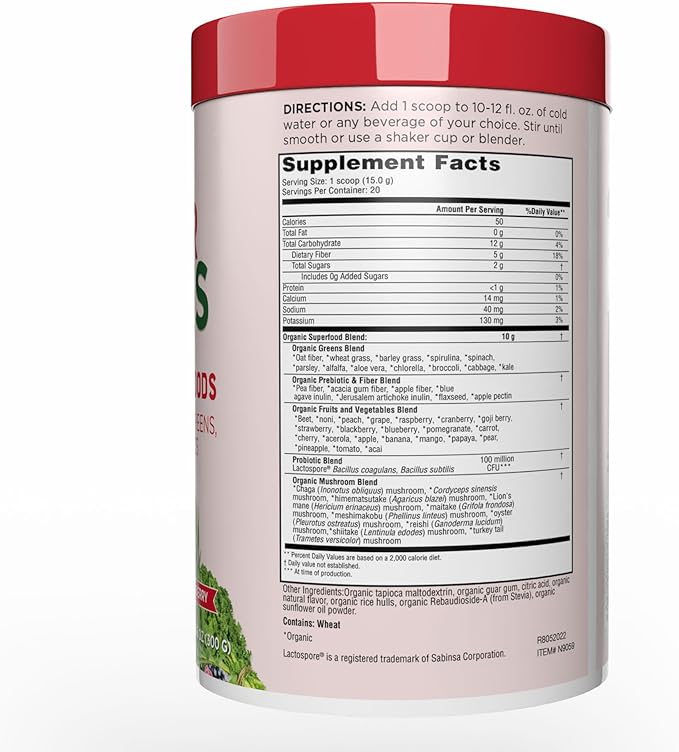 Country Farms Organic Super Greens Berry Flavor, 50 Organic Super Foods, Packed with Fiber, USDA Organic Drink Mix, Fruits, Vegetables, Mushrooms & Probiotics, Supports Energy, 5g Fiber