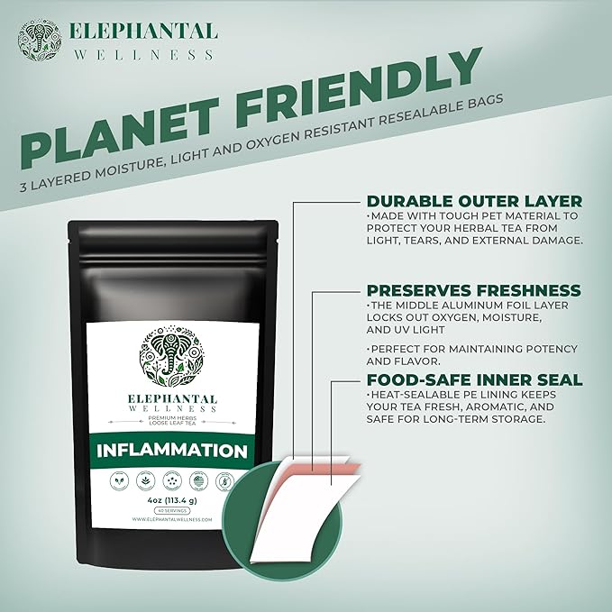 Elephantal Wellness Premium Inflammation Herbal Tea | Comfort & Mobility Blend with Turmeric, Boswellia, White Willow Bark & Ginger | Handmade, Non-GMO, Caffeine-Free Loose Leaf, 4oz, 40 Servings