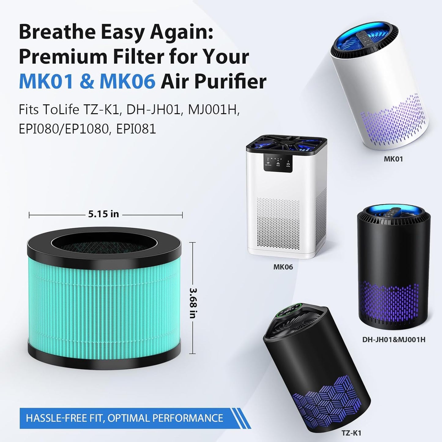 3 Pack MK01 & MK06 Replacement Filter for Aroeve MK01, MK06, ToLife TZ-K1 and Kloudi DH-JH01 Air Purifier, Pet Dander Version