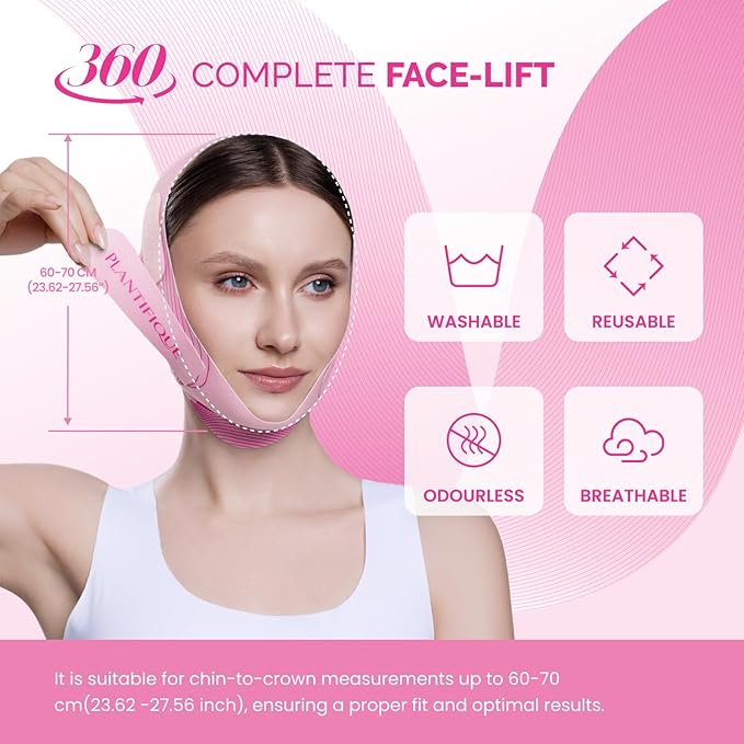 PLANTIFIQUE Chin Strap for Face Contouring - Reusable V Line Ice Silk Fabric Mask - Double Chin Shaping, Adjustable, Breathable Fabric - Jawline Shaper for Women & Men - Pink
