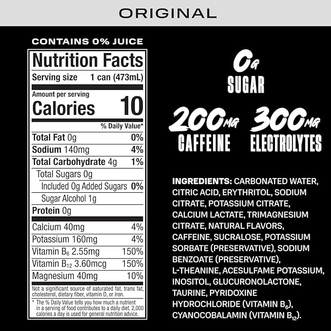 PRIME Energy ORIGINAL, Zero Sugar Energy Drink, 200mg Caffeine and 300mg of Electrolytes for Hydration, Vegan, Gluten Free,16 Fluid Ounce, 12 Pack